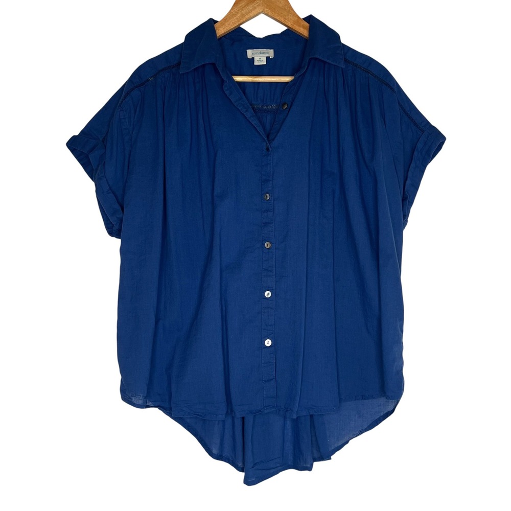 Sundance Blue Rolled Short Sleeve Lightweight Cotton Button Up Blouse SZ M Boho